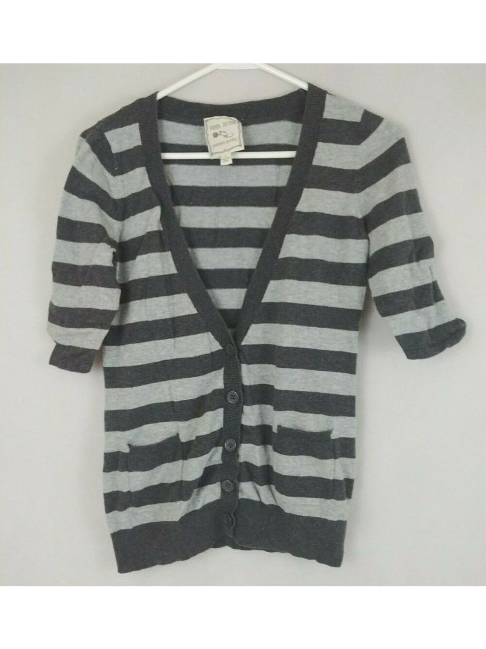 Pink Rose Women's 2 Tone Gray Striped Cardigan Sweater Size Large